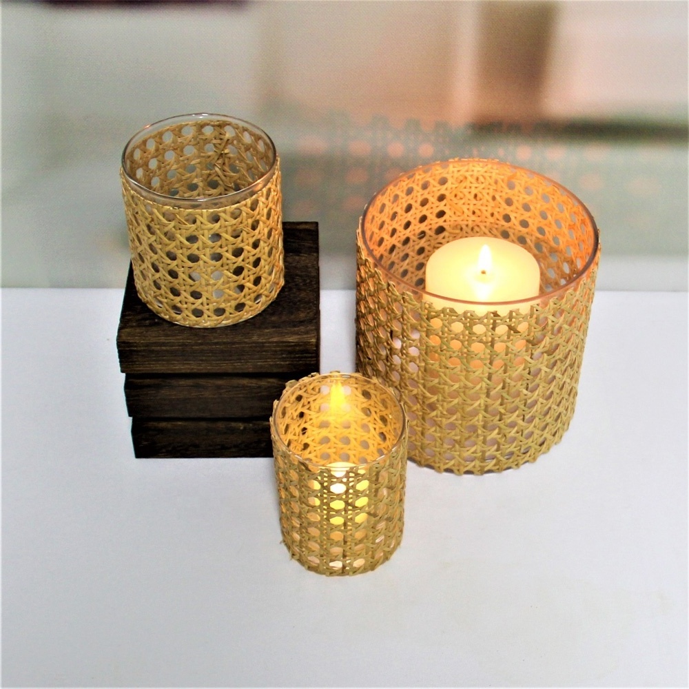 custom hand-woven rattan wrapped large small cylinder glass containers for candles holders