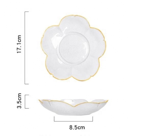 wholesale flower heart shaped small gold rim clear snack cake dessert glass charger plates set