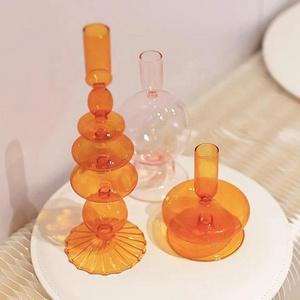 Nordic Vintage Wavy Orange Votive tall clear Glass Candlestick Holders