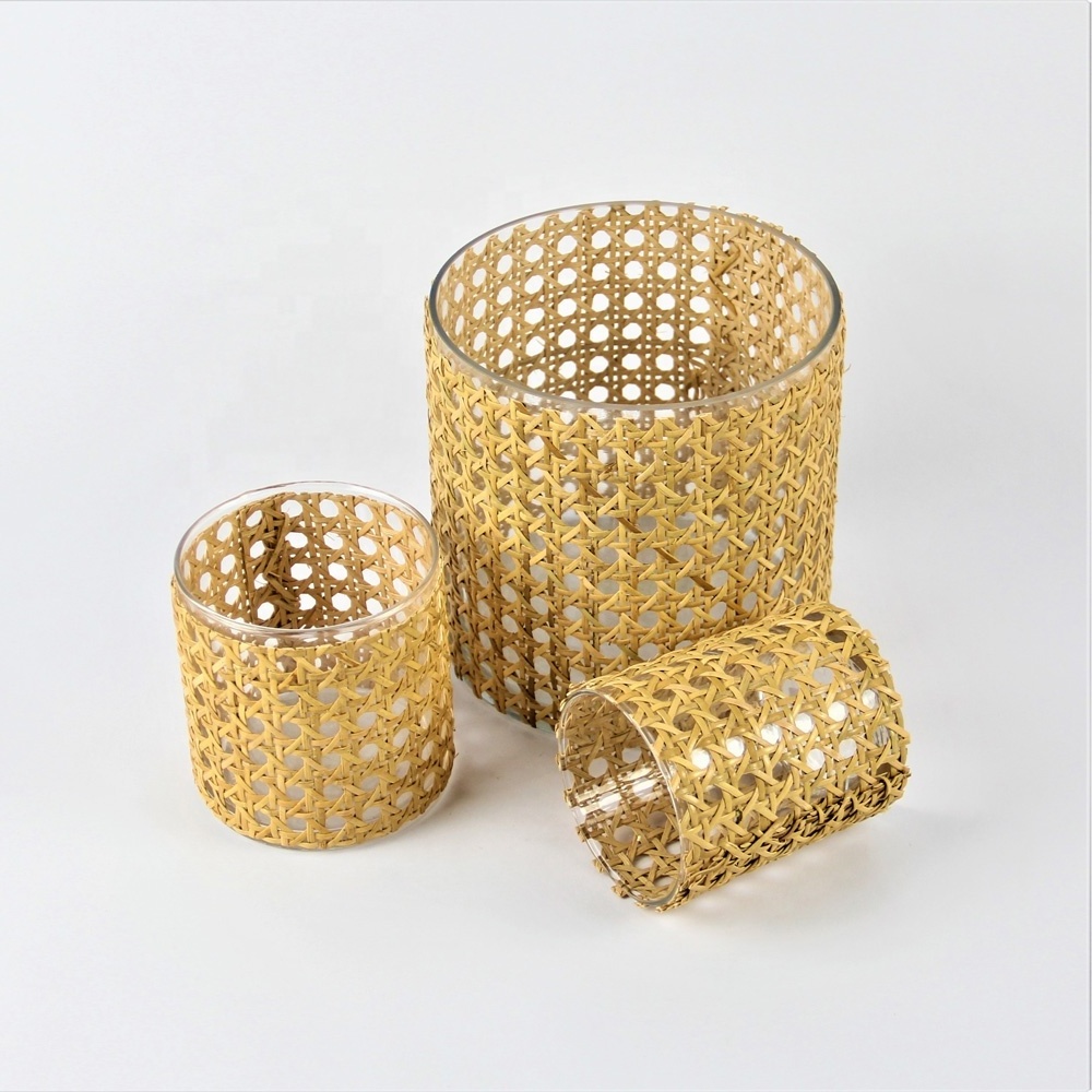 custom hand-woven rattan wrapped large small cylinder glass containers for candles holders