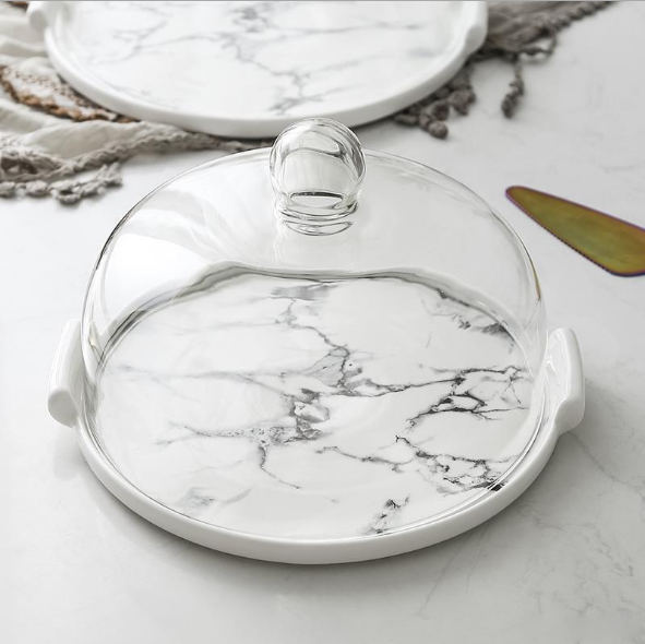 Marble Pattern Dessert Display Tray With Glass Cover/ Dustproof Glass Cover Try Eating Plate Glass Cake Dome