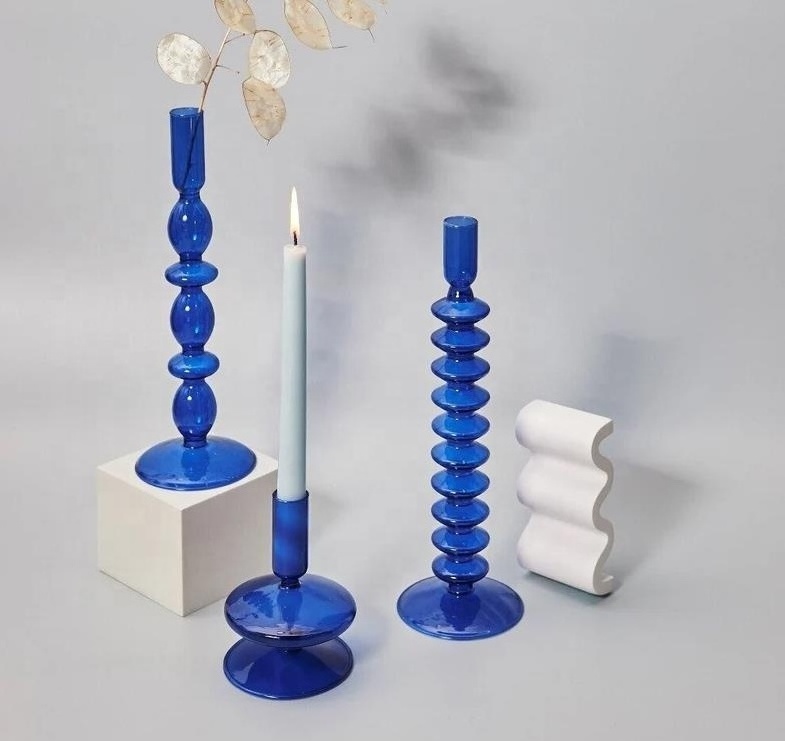 Handmade Blue crystal Glass Candlestick Holders colored Geometric Glass votive Candle Holder bulk