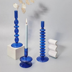 Handmade Blue crystal Glass Candlestick Holders colored Geometric Glass votive Candle Holder bulk