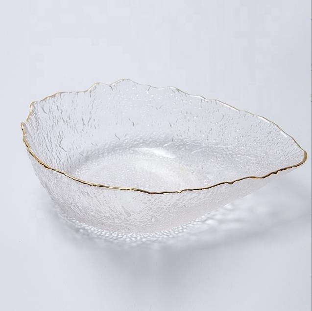 wholesale Irregular shaped gold rim slant cut embossed transparent glass fruit salad bowl set