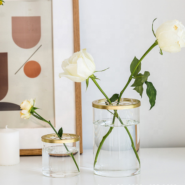 Wholesale custom clear transparent tall cylinder glass flower vase with metal grid lid