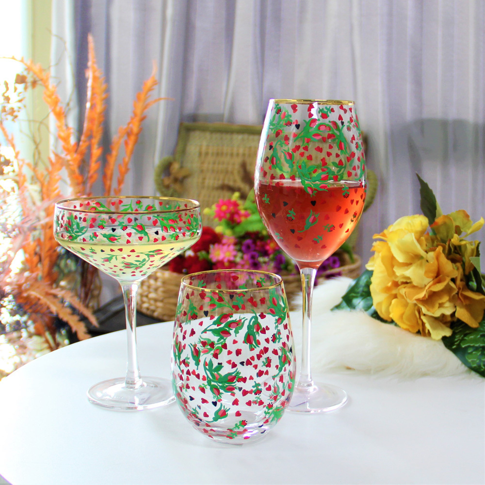 customized Christmas crystal stemless wine glass tumbler with gold rim