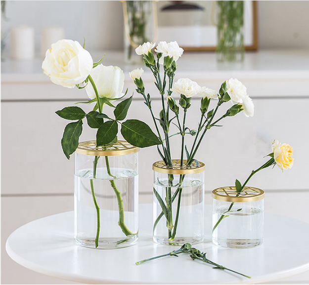 Wholesale custom clear transparent tall cylinder glass flower vase with metal grid lid