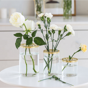 Wholesale custom clear transparent tall cylinder glass flower vase with metal grid lid