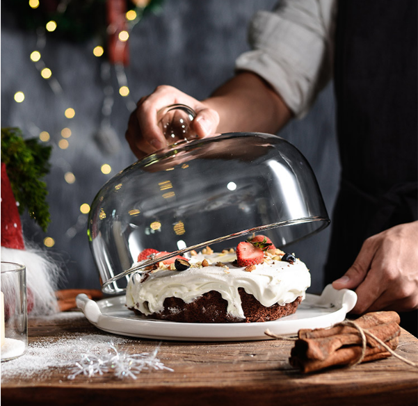 Marble Pattern Dessert Display Tray With Glass Cover/ Dustproof Glass Cover Try Eating Plate Glass Cake Dome