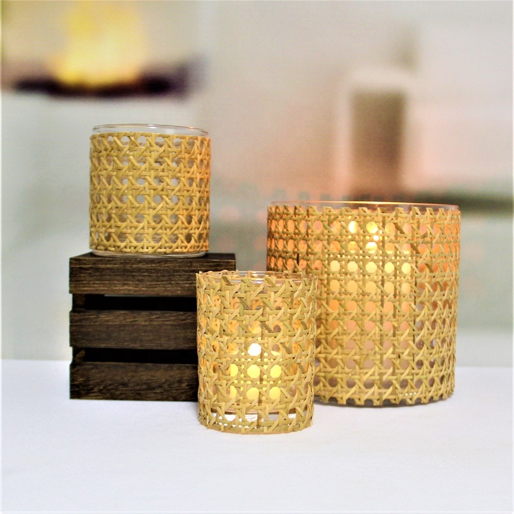 custom hand-woven rattan wrapped large small cylinder glass containers for candles holders