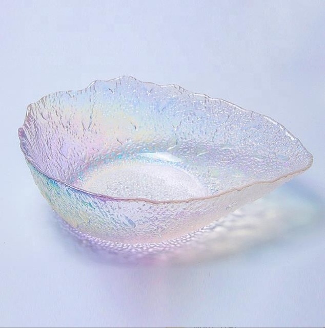 wholesale Irregular shaped gold rim slant cut embossed transparent glass fruit salad bowl set