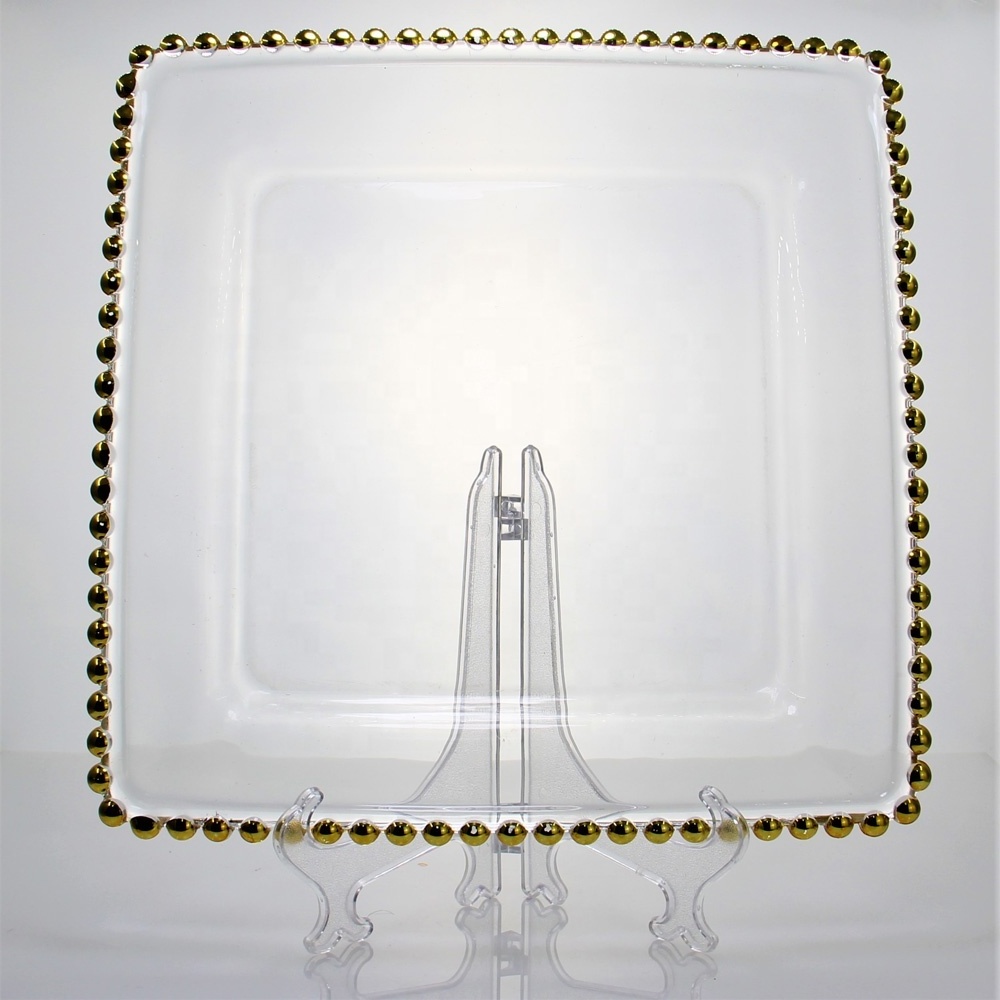 custom large square gold rim beaded transparent glass fruit charger plates dishes