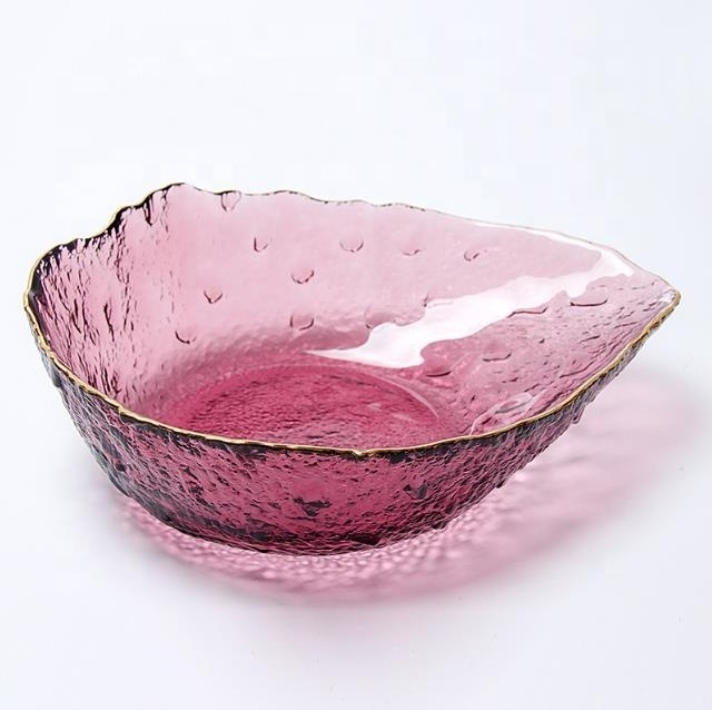 wholesale Irregular shaped gold rim slant cut embossed transparent glass fruit salad bowl set