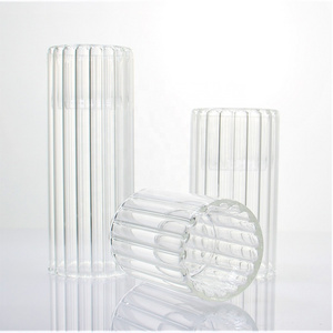 wholesale transparent ribbed cylinder tea light glass candle holders candlestick set