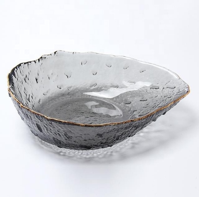 wholesale Irregular shaped gold rim slant cut embossed transparent glass fruit salad bowl set