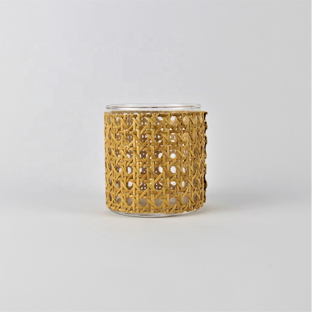 custom hand-woven rattan wrapped large small cylinder glass containers for candles holders