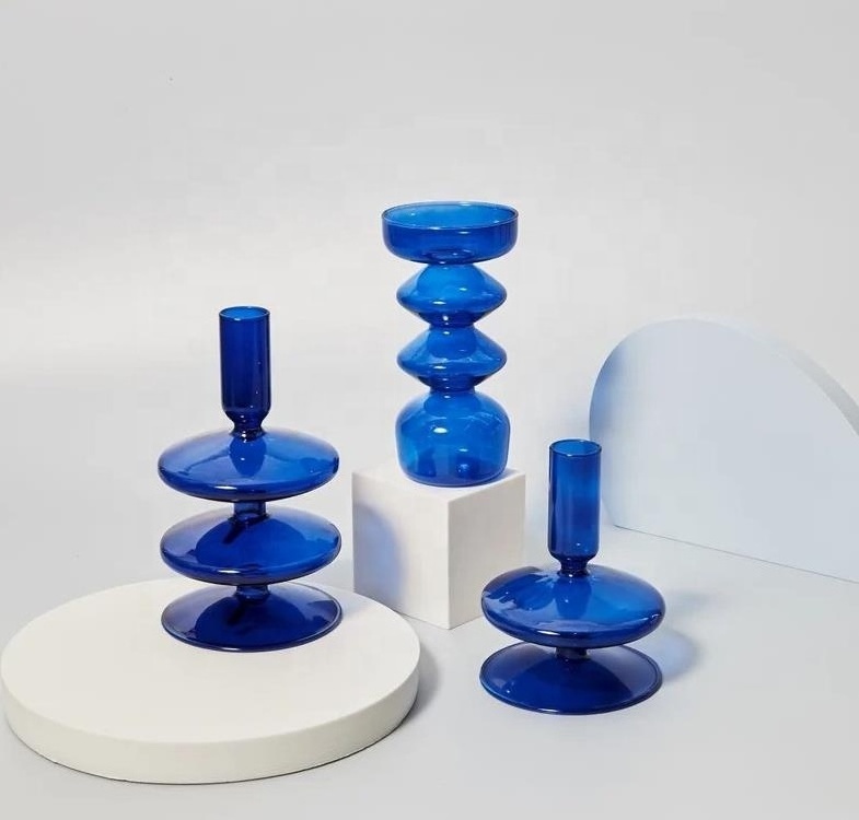 Handmade Blue crystal Glass Candlestick Holders colored Geometric Glass votive Candle Holder bulk