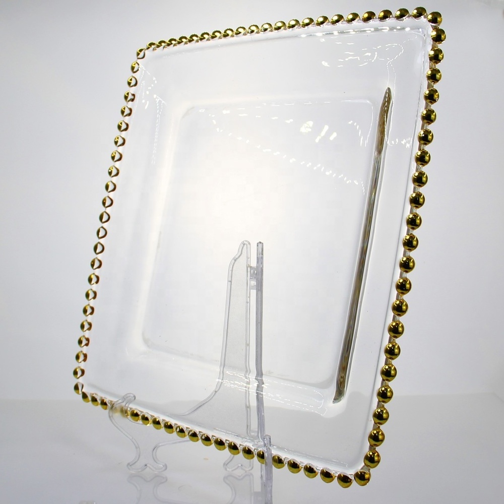 custom large square gold rim beaded transparent glass fruit charger plates dishes