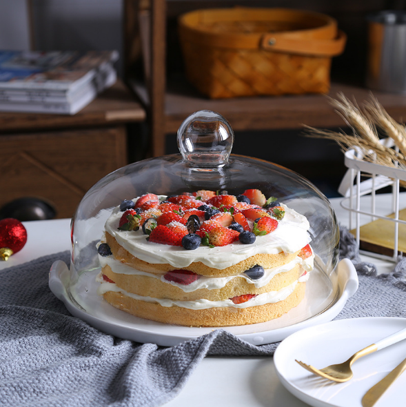 Marble Pattern Dessert Display Tray With Glass Cover/ Dustproof Glass Cover Try Eating Plate Glass Cake Dome