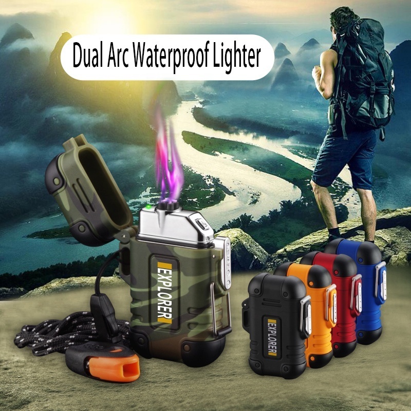 WATERPROOF Windproof Rechargeable Lighter Electric Dual Arc Plasma Flameless Cigarette Lighter For Camping Hiking