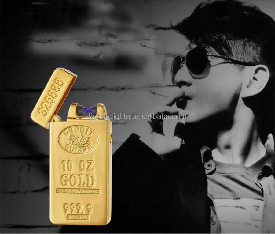 FR689 Dual Arc Rechargeable Electronic Cigarette Lighter, Gold Bar Smoking Lighter Men's Business Party Gift