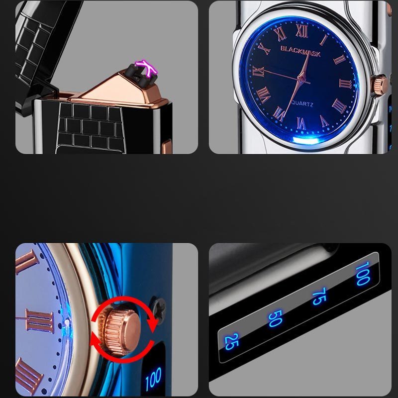 High quality zinc alloy usb lighter watch lighter electric with batter indicator and time clock