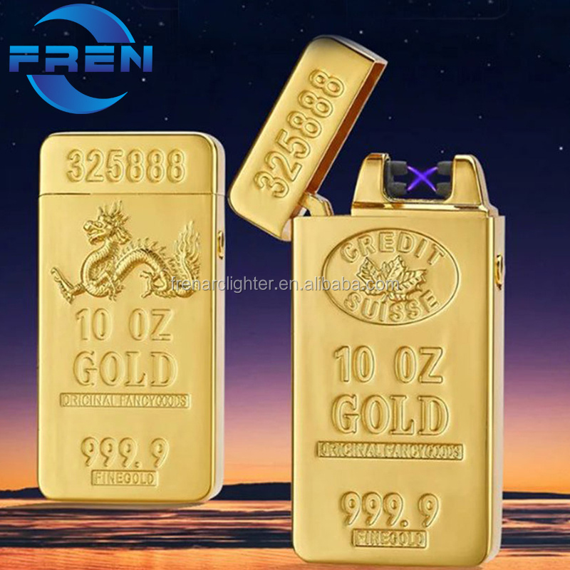 high quality wholesale USB rechargeable electric double arc cigarette lighter gold bar smoking fire candle lighter business gift