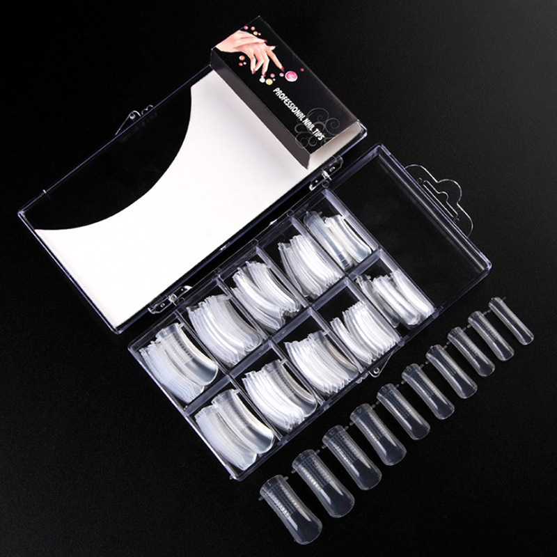 High Quality 100 pcs curved nail tips in a kit for extension gel soft full cover nail tips gel with nail glue