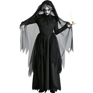 Halloween Women Black Long Ghost Dress Bride Victorian Costumes