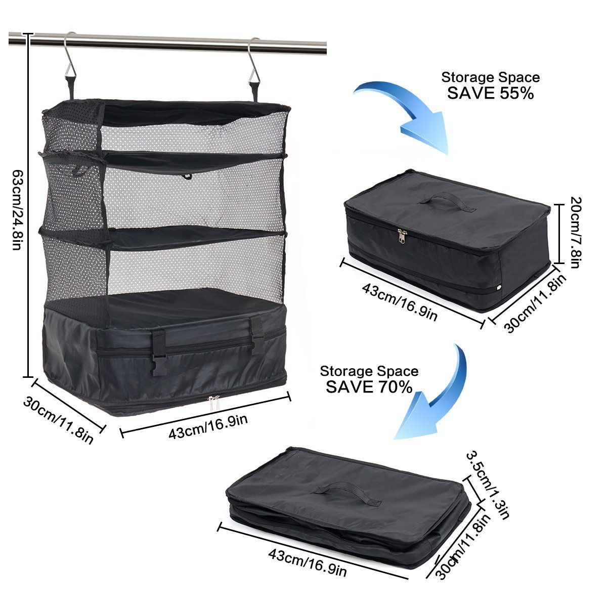 3 Layer Portable Luggage System Suitcase Organizer Collapsible Closet Hanging Travel Shelves and Packing Cube