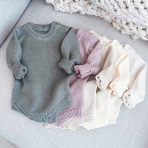 personalized Oem Custom baby Outfit Plain New Born Baby Boy Girl Chunky Knit Sweater knit sweater bubble romper solid