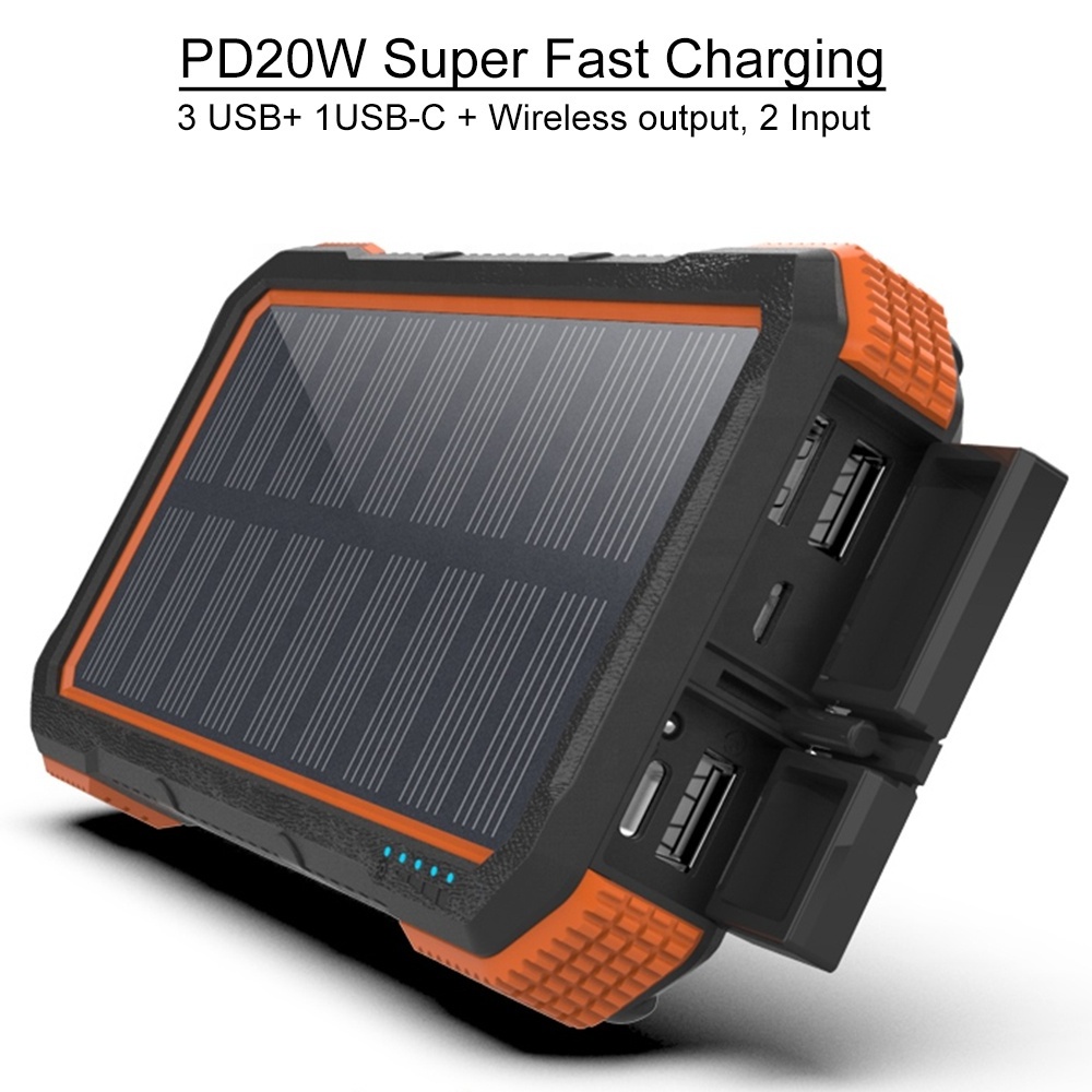 wireless 30000mah waterproof 20W PD QC super fast charging 3 usb output portable mini solar charger for cell phone