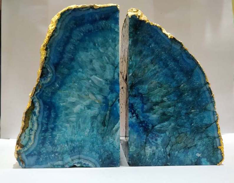 BLUE AGATE BOOKENDS WITH GOLD PLATED / TOP QUALITY BLUE AGATE BOOK STAND IRREGULAR SHAPE/ AGATE BOOKEND FOR DECORATION