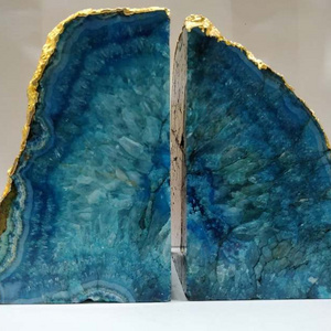 BLUE AGATE BOOKENDS WITH GOLD PLATED / TOP QUALITY BLUE AGATE BOOK STAND IRREGULAR SHAPE/ AGATE BOOKEND FOR DECORATION