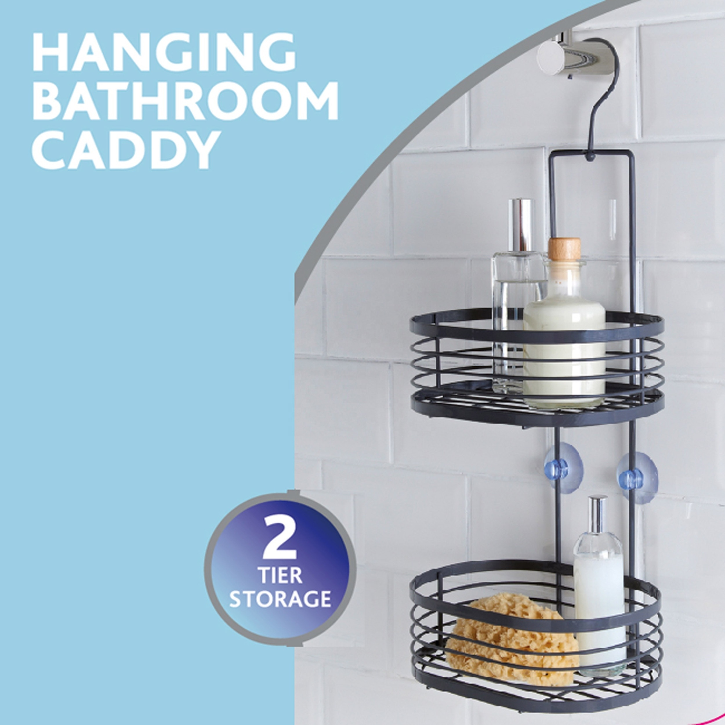 New Design Contemporary Powder Coated 2 Tier Hanging Bathroom Caddy With 2 Large Basket - White And Grey