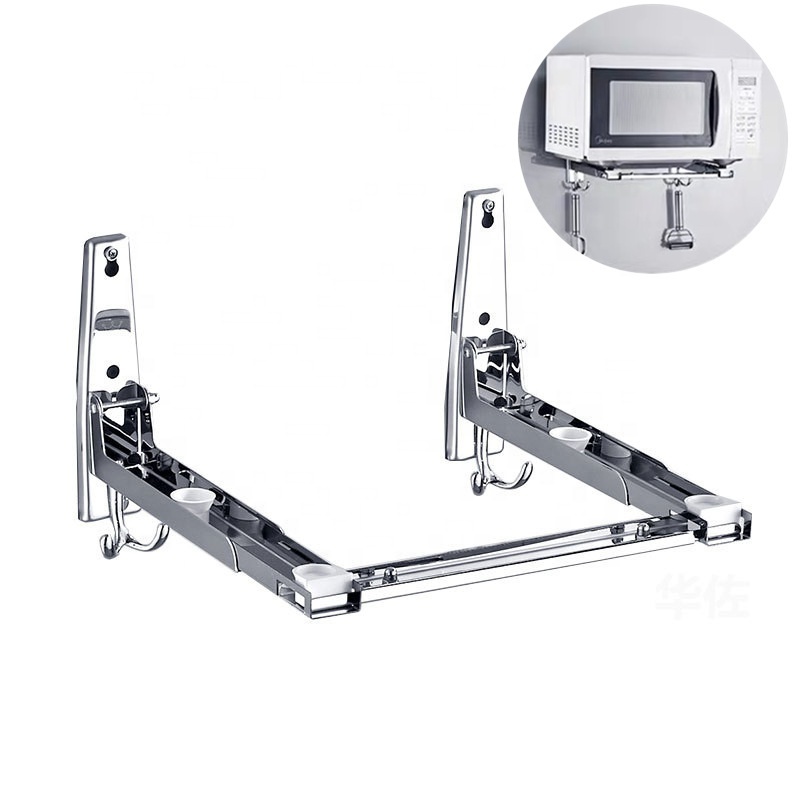 Stainless Steel Microwave Oven Rack With Two Hooks Retractable Foldable Microwave Oven Wall Mounted Stand Holder Rack Bracket