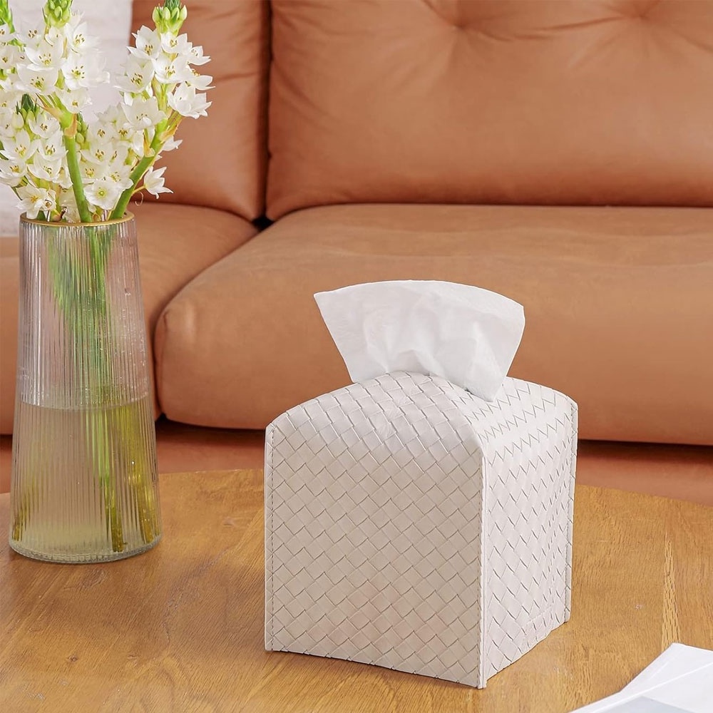 PU Leather Tissue Box Cover Square Facial Tissue Case Organizer Dispenser for Bathroom Tabletop or Car