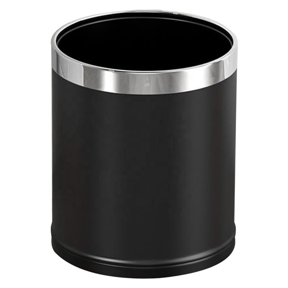 Open Top Hotel Trash Can Office Metal Black Waste Basket round Iron Garbage Bin for Kitchen Living Room Bedroom Home Use