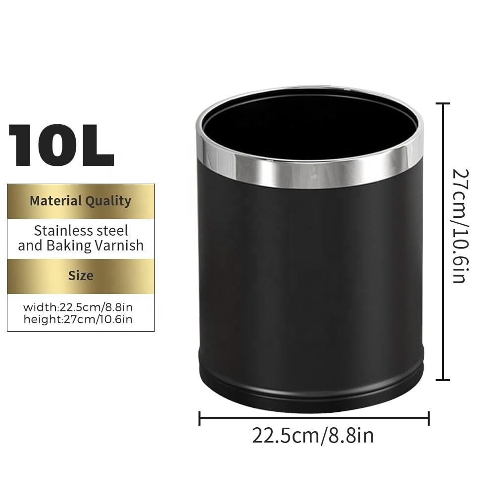 Open Top Hotel Trash Can Office Metal Black Waste Basket round Iron Garbage Bin for Kitchen Living Room Bedroom Home Use