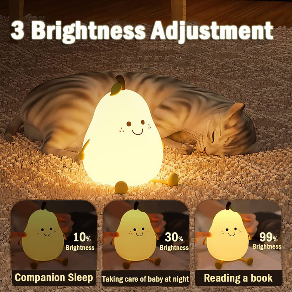 LED Pear Fruit Night Light USB Rechargeable 7 Colors Dimming Touch Silicone Table Lamp Cartoon Cute Bedroom Decor Bedside Lamp