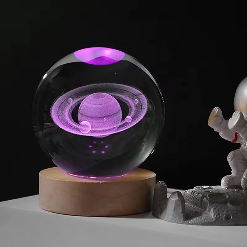 7 Colors RGB 3d Interior Crystal Ornament Small Crystal Ball Luminous Night Light Celestial Ball Lamp With USB wooden Base