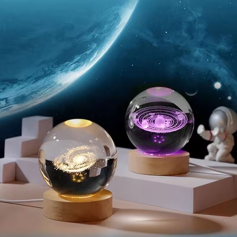 7 Colors RGB 3d Interior Crystal Ornament Small Crystal Ball Luminous Night Light Celestial Ball Lamp With USB wooden Base