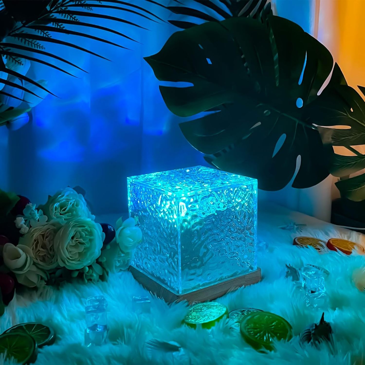 3D 16 Colors rotating crystal aurora lamp blue dynamic water ripple Cube lamp Table Night Lamp