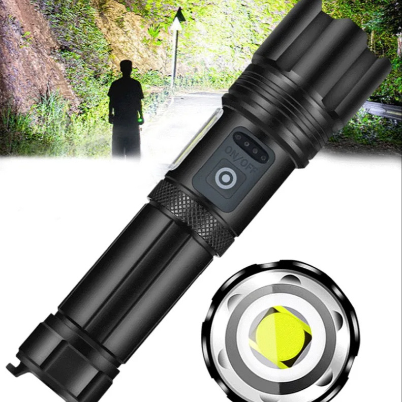 Rechargeable flashlight 100000 lumens battery powered edc tactical led flashlight with cob light flash lights