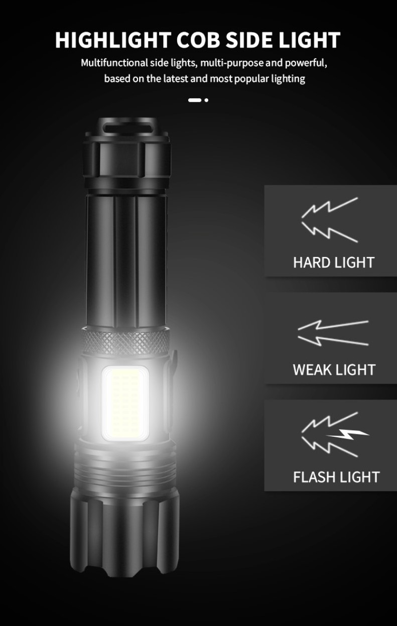 Rechargeable flashlight 100000 lumens battery powered edc tactical led flashlight with cob light flash lights