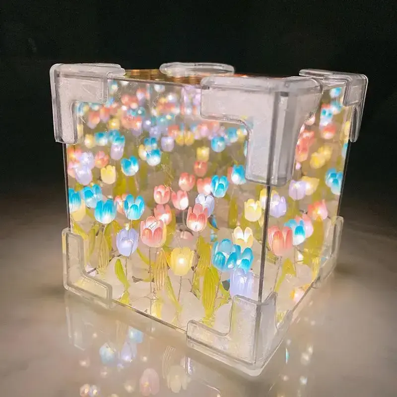 Mother's Day Gift Handmade DIY Magic Cube Tulipan Night Light Material Package Tulip with Light Artifical Led Tulip Mirror Lamp