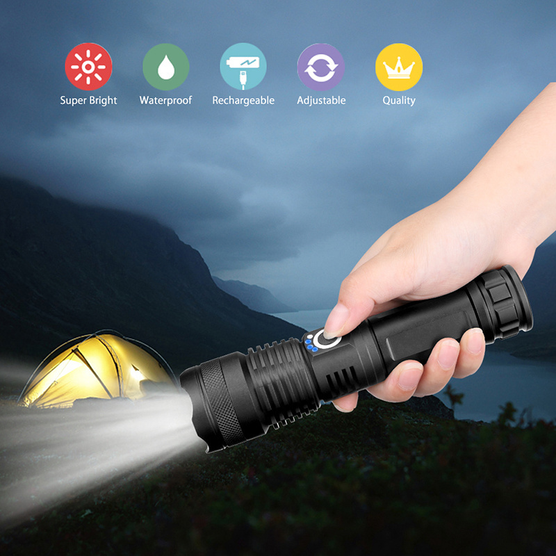 Zoomable usb rechargeable tactical led flashlights powerful torch t6 led zoom flashlight work light lantern for camping hiking