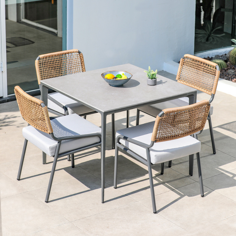 Frise Outdoor Furniture Black Rattan Chair Glass Top Dining Round Table And Chairs