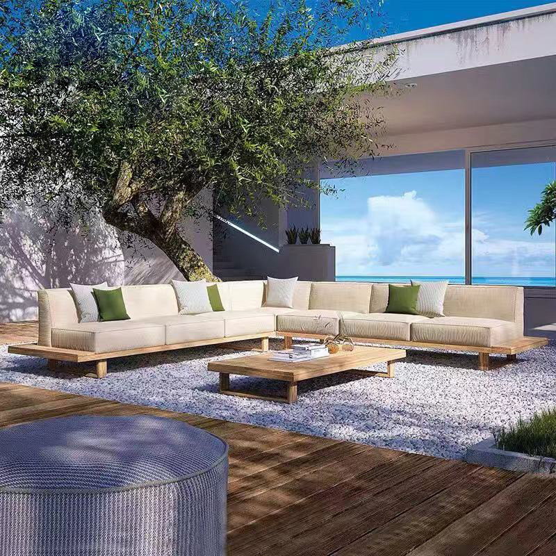 Wholesale L Shape Patio Furniture Sofa Set Outdoor Luxury Teak Natural Wooden Frame Garden Couch And Sectional Furniture Sets