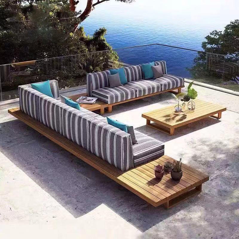 Wholesale L Shape Patio Furniture Sofa Set Outdoor Luxury Teak Natural Wooden Frame Garden Couch And Sectional Furniture Sets